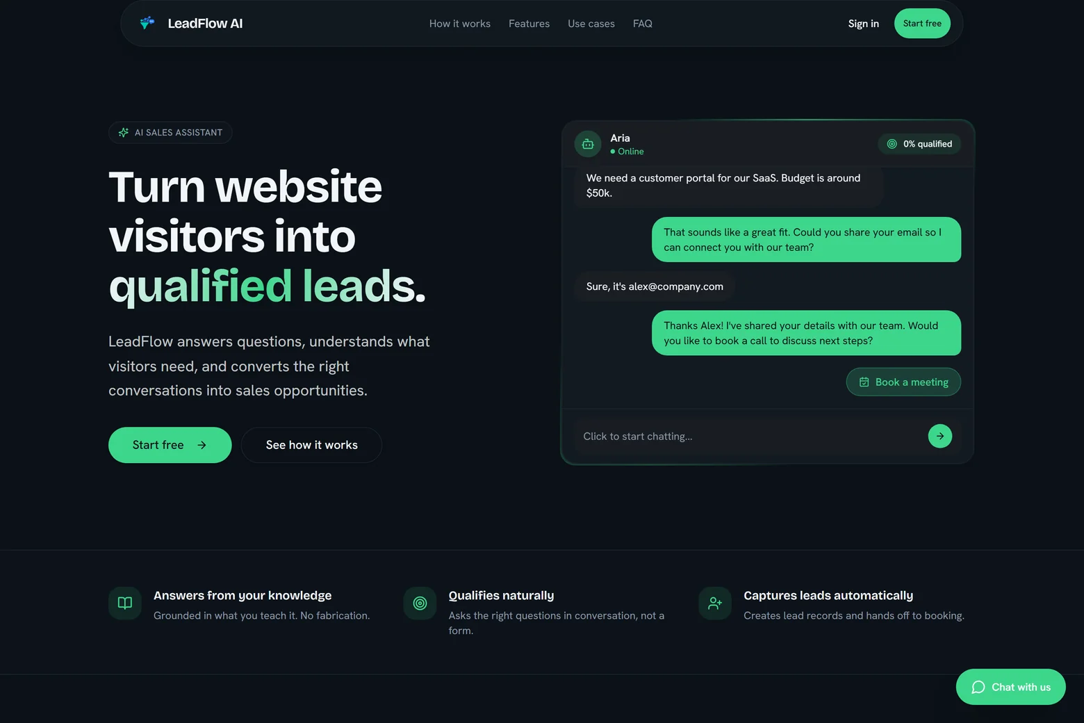 LeadFlow AI landing page with its assistant qualifying a lead in chat