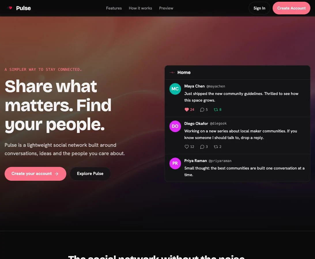 Pulse landing page with a home feed of community posts